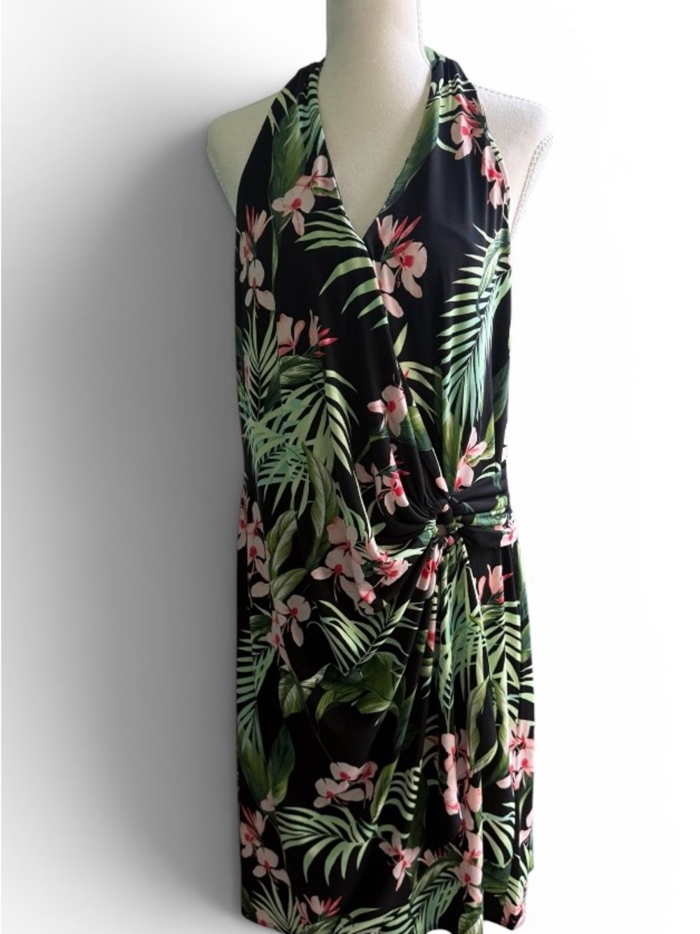 Tommy Bahama Black & Green Tropical Floral Halter Dress XL